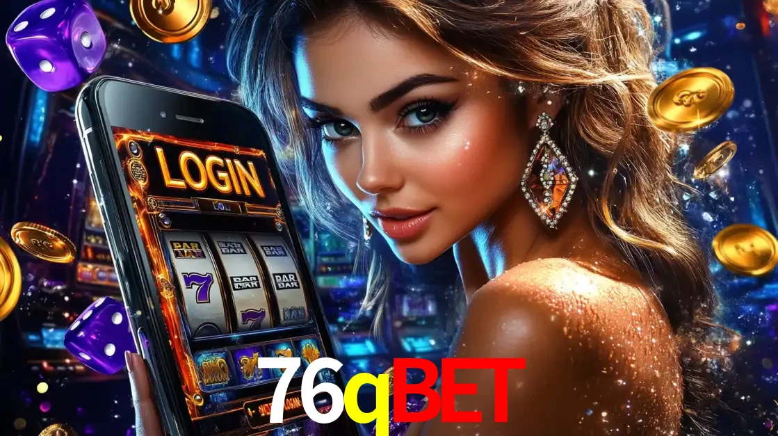 Mulher glamorosa segurando um smartphone com a tela de login para os jogos de caça-níqueis do cassino online 76qbet, com moedas de ouro e dados ao redor.