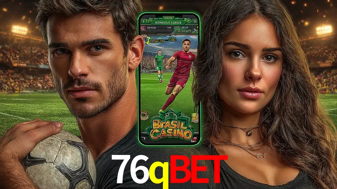 Homem segurando uma bola de futebol e uma mulher ao lado de um smartphone exibindo o jogo de apostas esportivas da 76qbet. Faça seu palpite no cassino online.